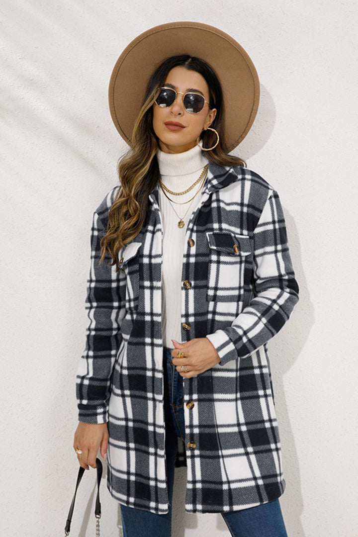 Plaid Collared Longline Coat Trendsi