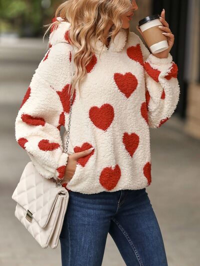 Fuzzy Heart Pocketed Dropped Shoulder Hoodie Trendsi