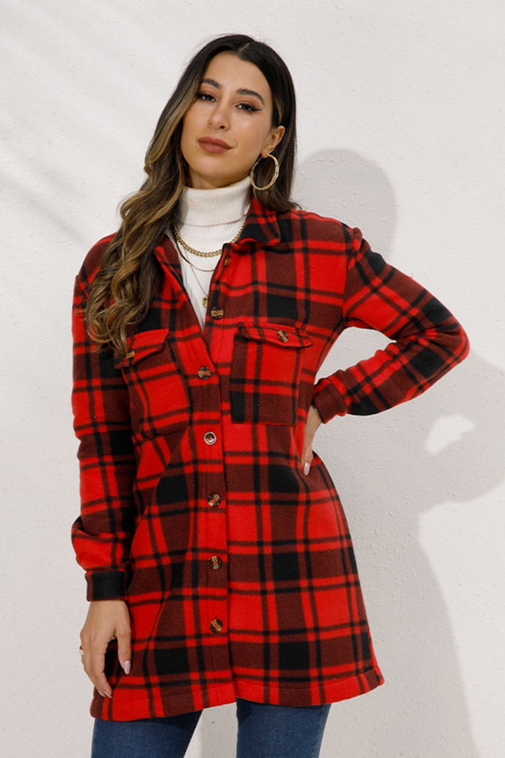 Plaid Collared Longline Coat Trendsi