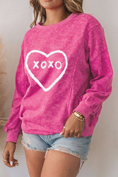 XOXO Heart Graphic Round Neck Long Sleeve Sweatshirt Trendsi