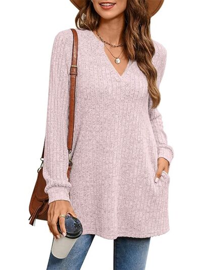 Slit Notched Pocketed Long Sleeve T-Shirt Trendsi