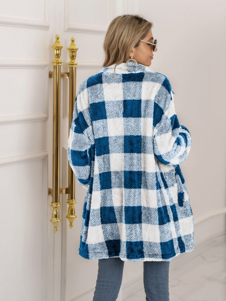 Plaid Collared Neck Longline Coat - Super Amazing Store