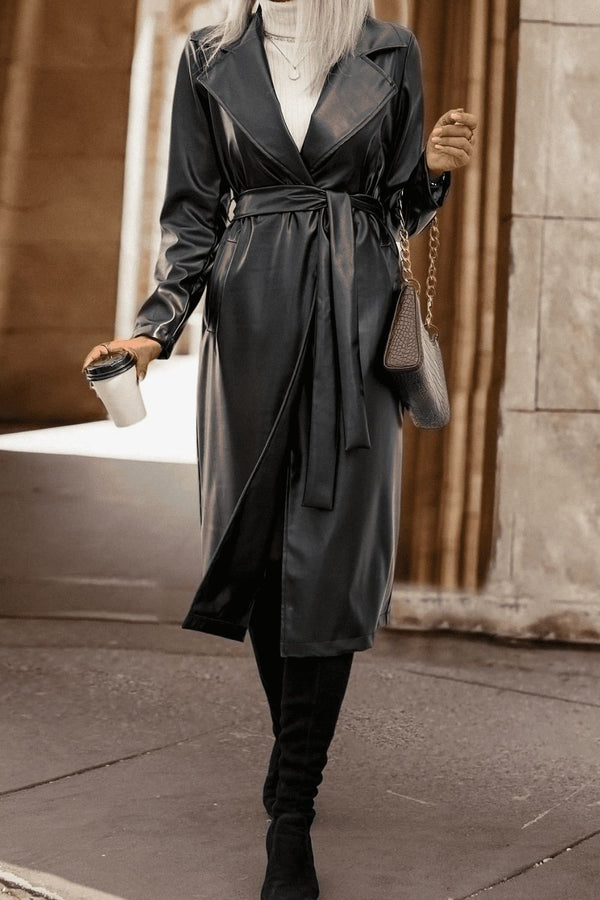 Lapel Collar Tie Waist Long Sleeve Trench Coat Trendsi