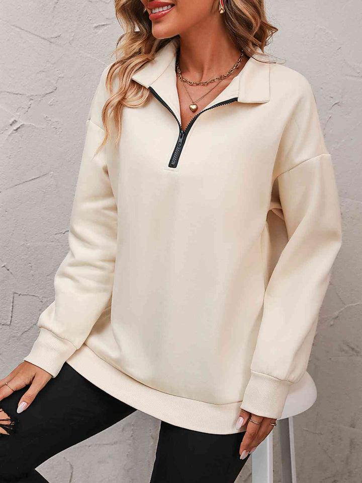 Zip-Up Dropped Shoulder Sweatshirt Trendsi