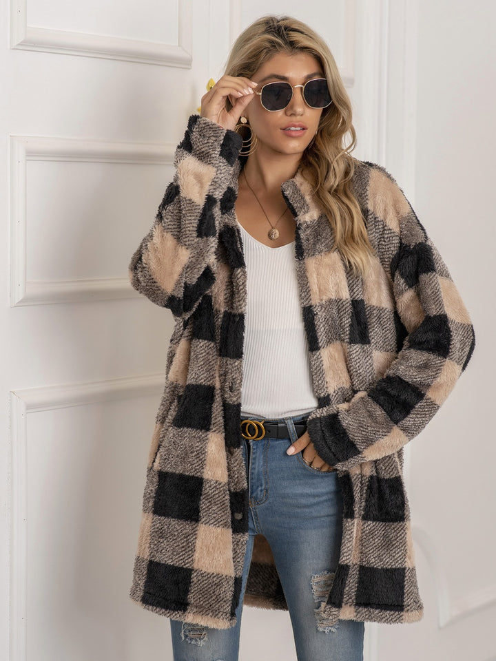 Plaid Collared Neck Longline Coat - Super Amazing Store