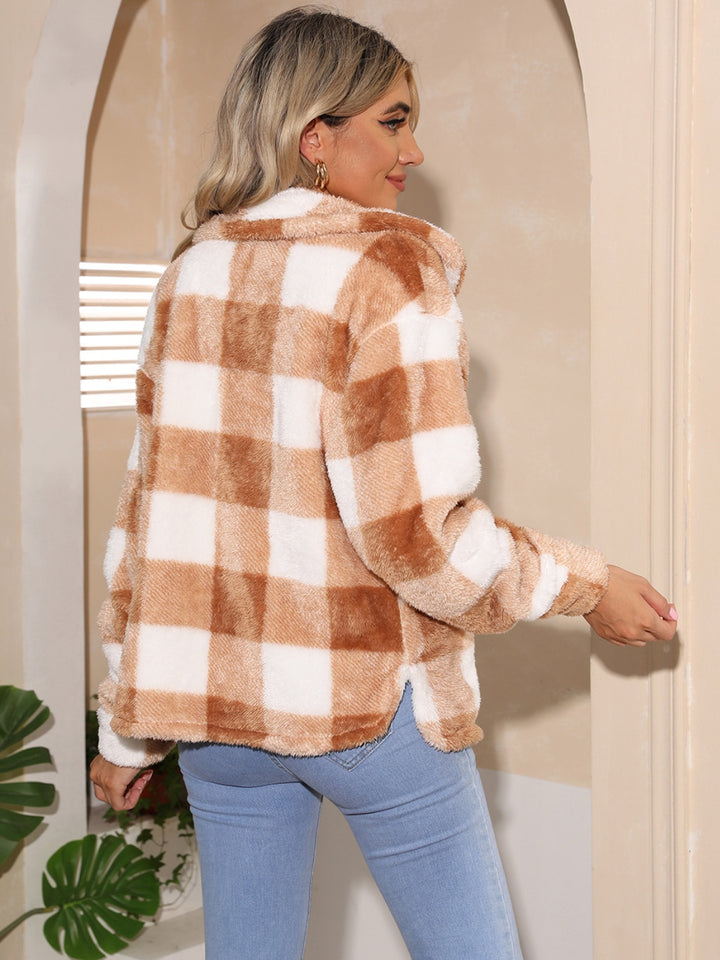 Plaid Collared Neck Drop Shoulder Coat Trendsi