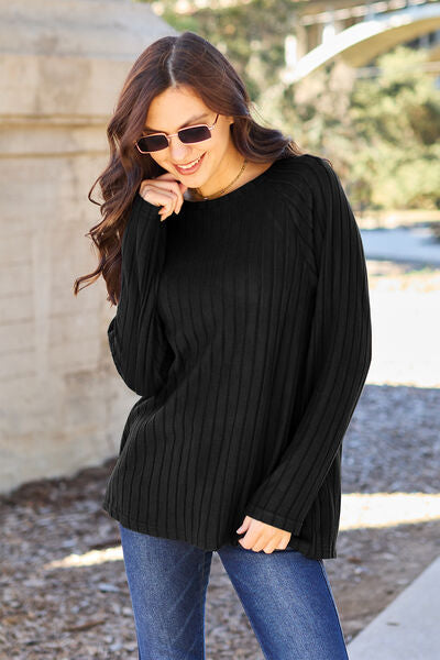 Basic Bae Full Size Ribbed Round Neck Long Sleeve Knit Top Trendsi