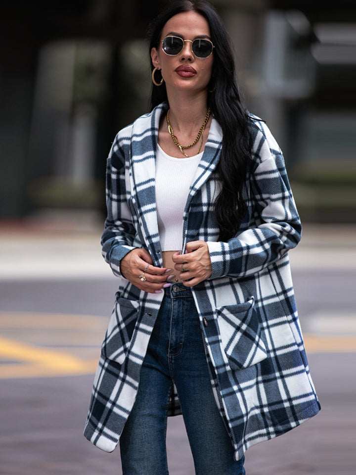 Plaid Shawl Collar Coat with Pockets - Super Amazing Store