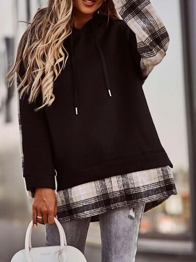 Plaid Drawstring Dropped Shoulder Hoodie Trendsi