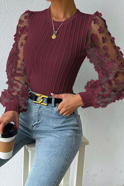 Double Take Textured Applique Long Sleeve Blouse Trendsi