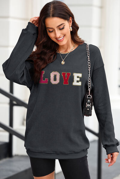 LOVE Round Neck Dropped Shoulder Sweatshirt Trendsi