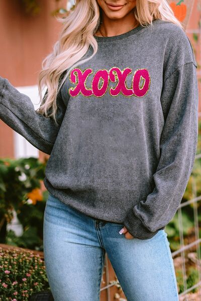 XOXO Sequin Round Neck Dropped Shoulder Sweatshirt Trendsi