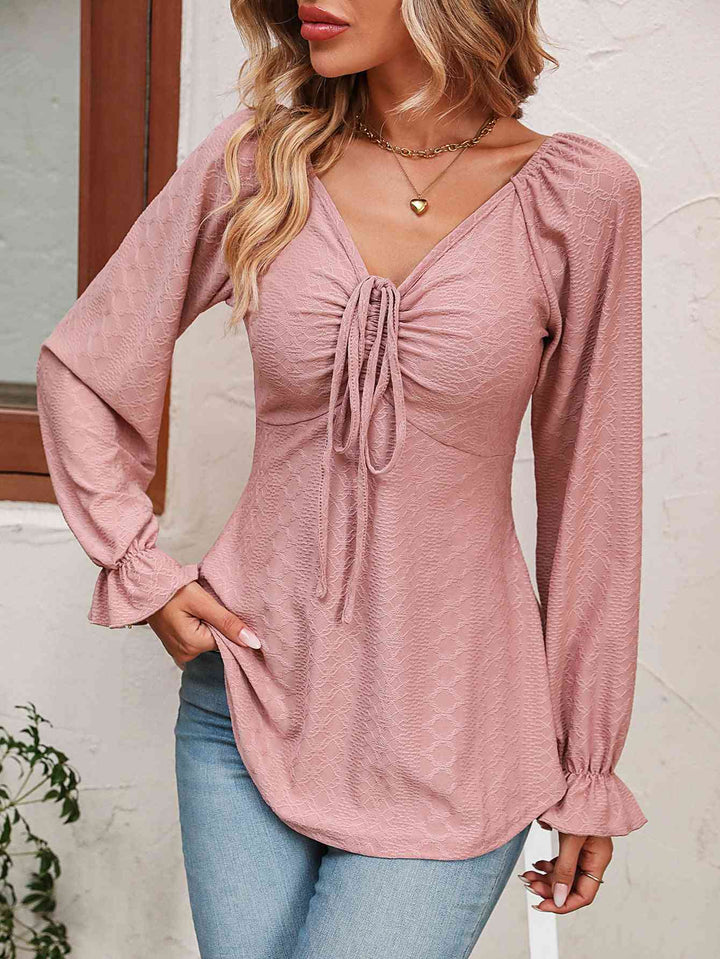 Tie Front V-Neck Puff Sleeve Blouse Trendsi