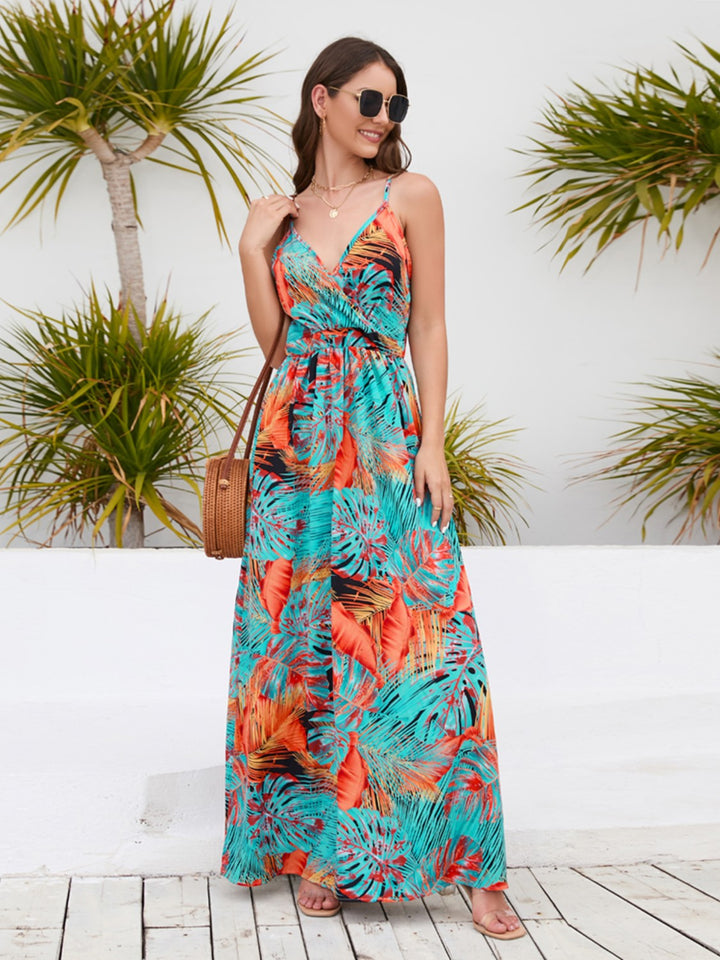 Printed Surplice Spaghetti Strap Dress Trendsi