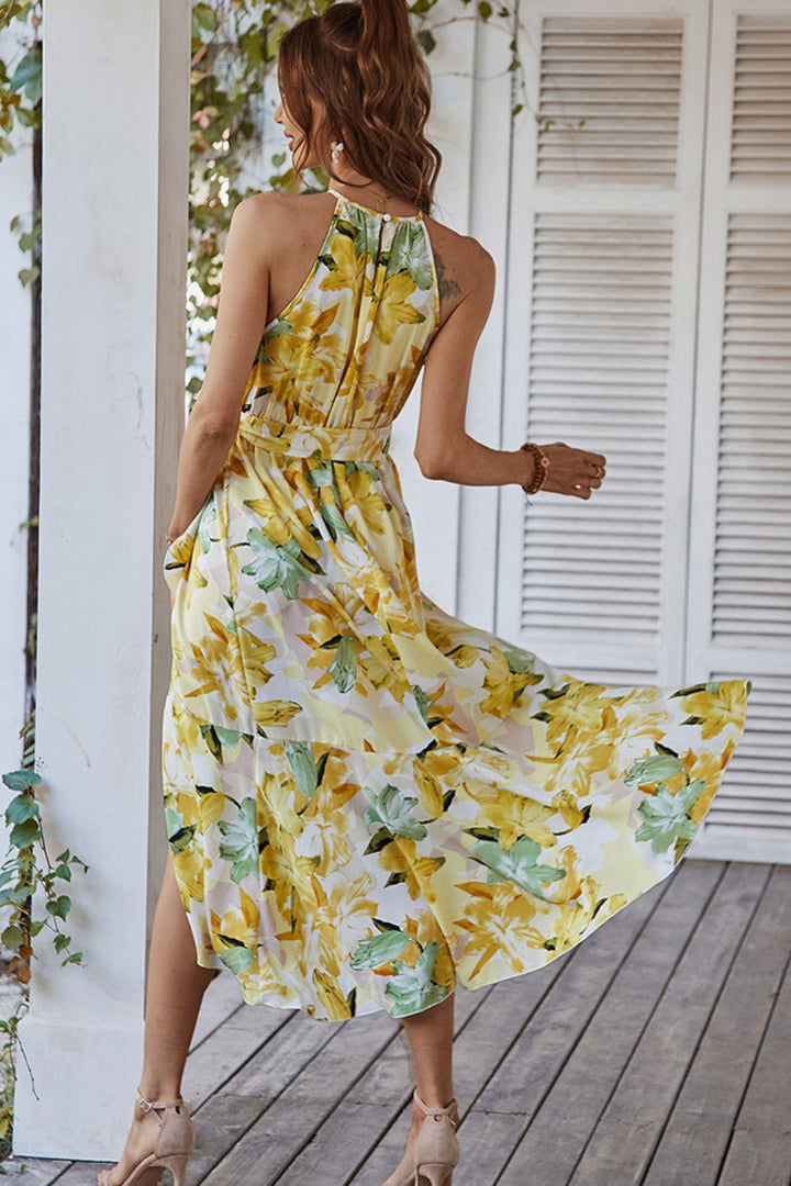 Floral Tie Belt Sleeveless Dress Trendsi