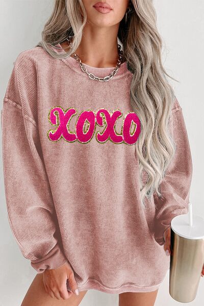 XOXO Sequin Round Neck Dropped Shoulder Sweatshirt Trendsi