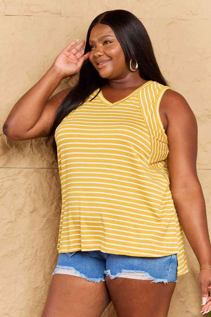 Doublju Talk To Me Full Size Striped Sleeveless V-Neck Top Trendsi