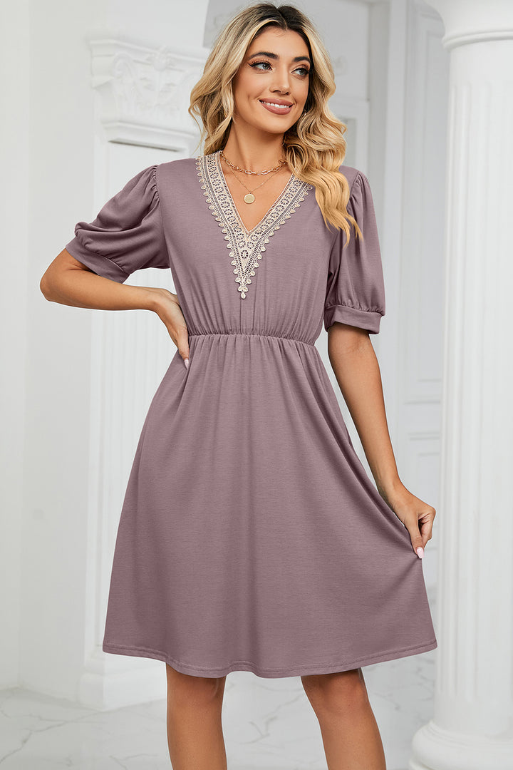 V-Neck Puff Sleeve Dress Trendsi