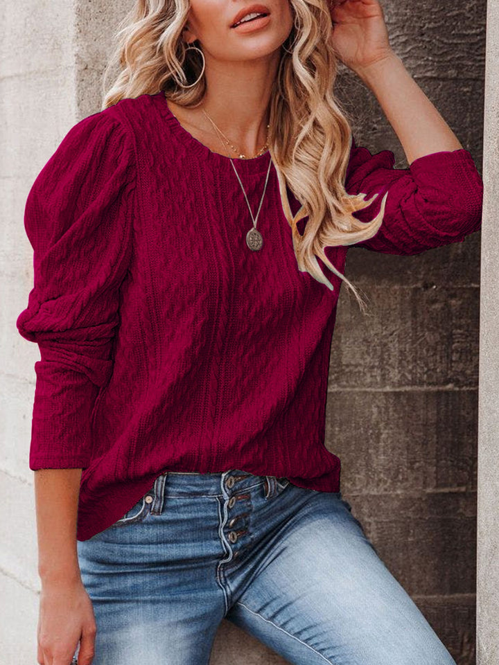 Round Neck Puff Sleeve Knit Top Trendsi