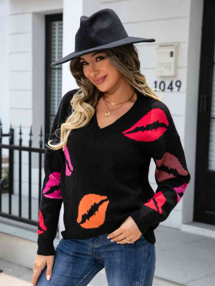 Lip V-Neck Drop Shoulder Sweater Trendsi