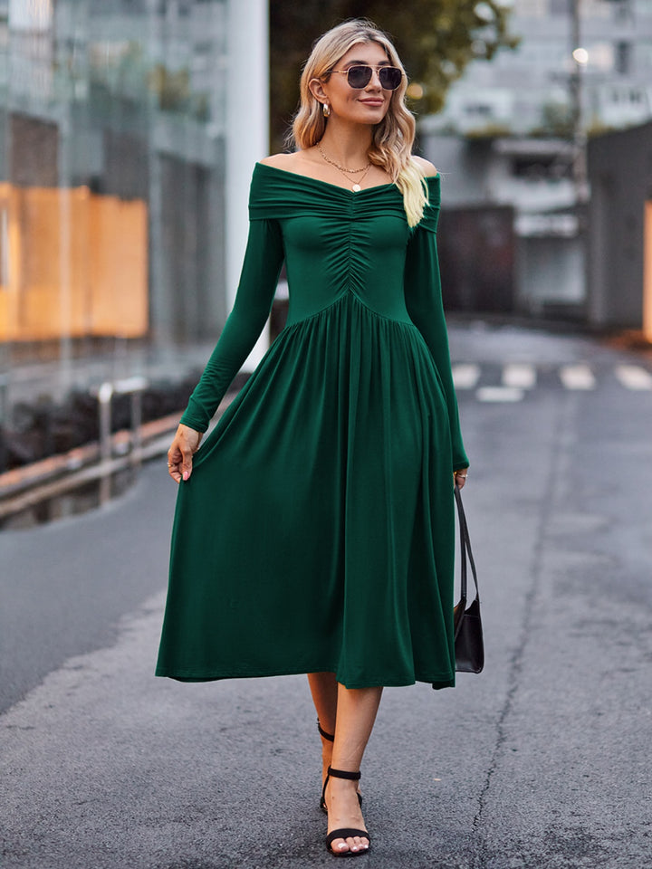 Ruched Off-Shoulder Midi Dress Trendsi