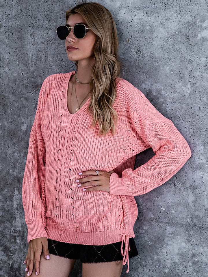 Lace-Up V-Neck Dropped Shoulder Sweater - Super Amazing Store