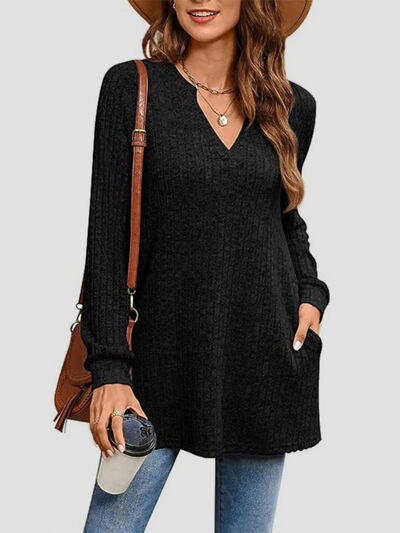 Slit Notched Pocketed Long Sleeve T-Shirt Trendsi