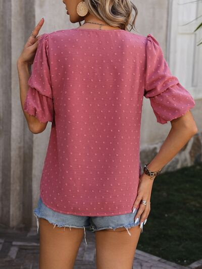 Swiss Dot V-Neck Short Sleeve Blouse Trendsi