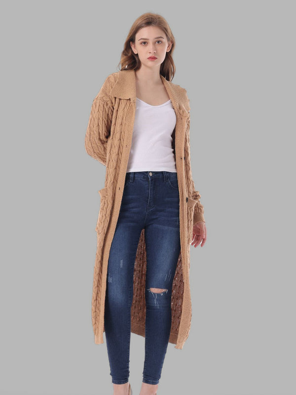 Cable-Knit Collared Neck Cardigan with Pockets Trendsi