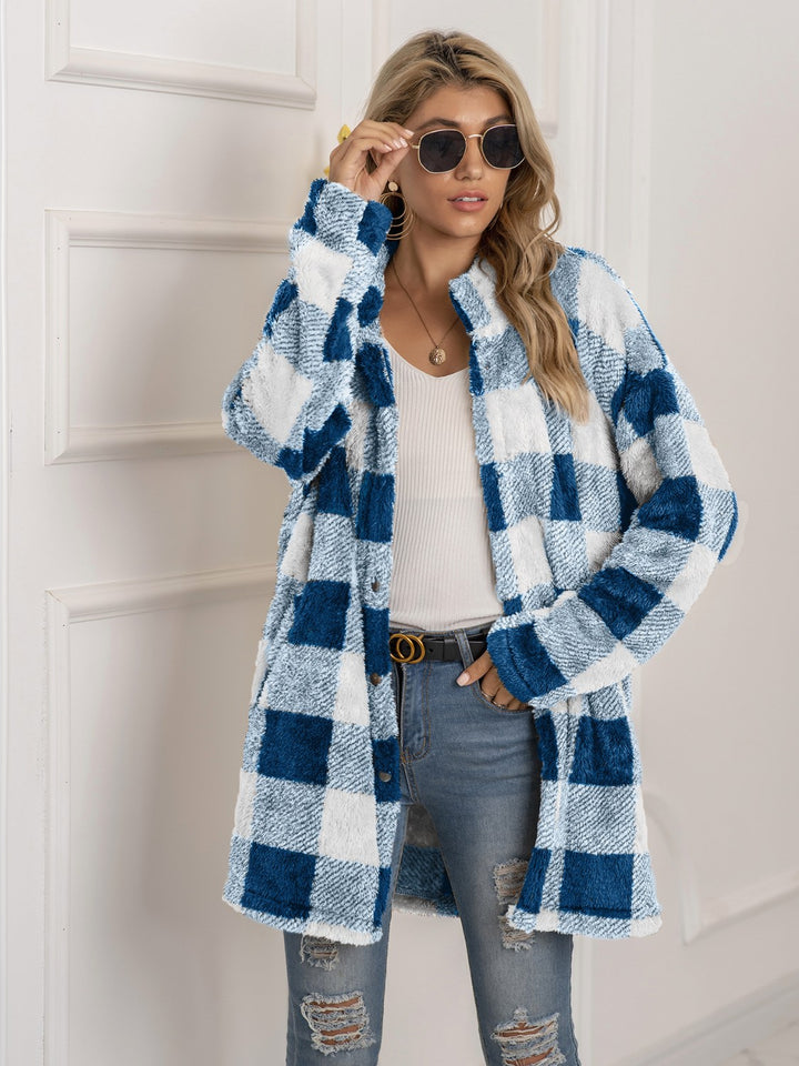 Plaid Collared Neck Longline Coat - Super Amazing Store