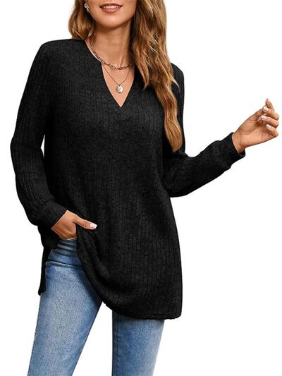 Slit Notched Pocketed Long Sleeve T-Shirt Trendsi