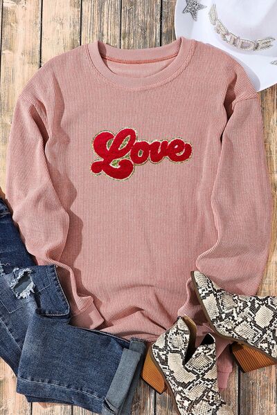 LOVE Round Neck Dropped Shoulder Sweatshirt Trendsi