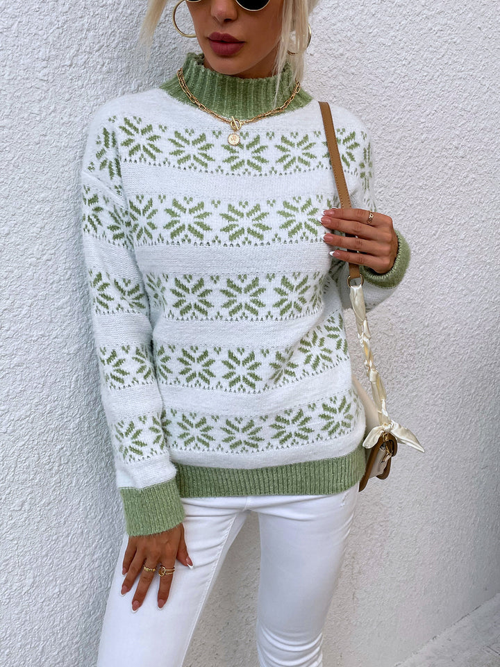 Snowflake Pattern Mock Neck Sweater - Super Amazing Store