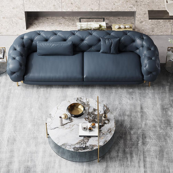 New Luxury Italian Lounge Style Modern Design Blue Leather 3 Seats Chesterfield Corner Sofa Sectional Living Room Sofas For Home - Super Amazing Store