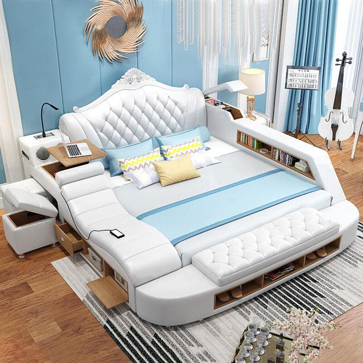 White and blue leather bed beautiful multi-function bedroom double bed leather bed - Super Amazing Store