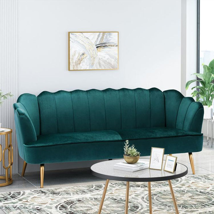 Modern Glam Velvet Channel Stitch 3-Seater Shell Sofa With Gold Legs - Super Amazing Store