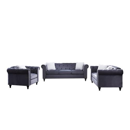 3 Pieces Living Room Furniture Sofa Set, 1 2 3 Seater Couch Sofa, Loveseat Chair with 5 White Villose Throw Pillows Sofas - Super Amazing Store
