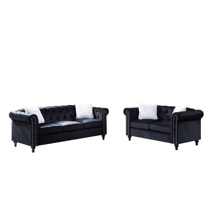 2 Piece Living Room Chesterfield Sofa , including 3-Seater and Loveseat, Four White Villose Pillow Black Sofa furniture set - Super Amazing Store