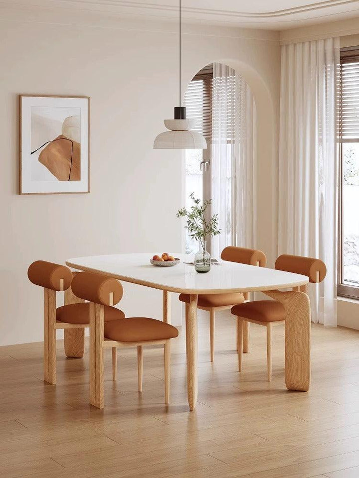 Cream style rock slab dining table and chairs modern minimalist home ash wood square Scandinavian solid wood dining table - Super Amazing Store