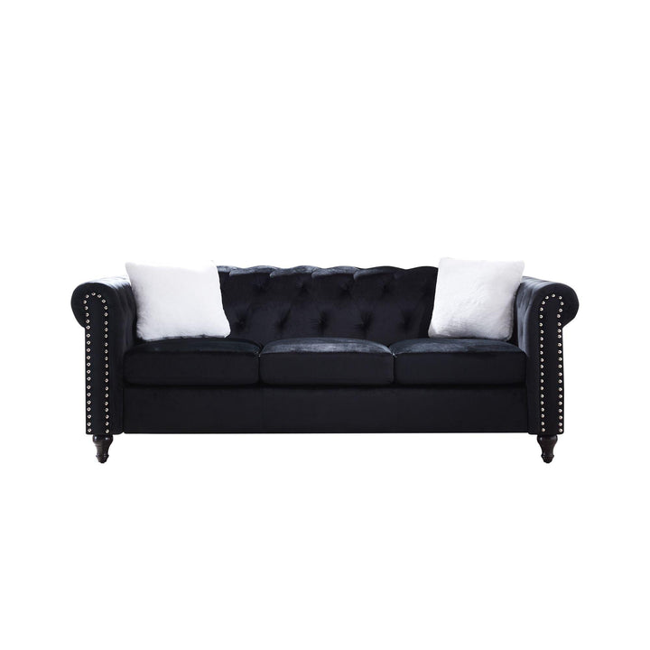 2 Piece Living Room Chesterfield Sofa , including 3-Seater and Loveseat, Four White Villose Pillow Black Sofa furniture set - Super Amazing Store