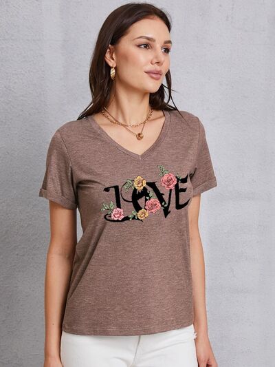 LOVE V-Neck Short Sleeve T-Shirt Trendsi