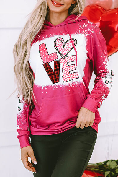 LOVE Heart Drawstring Dropped Shoulder Hoodie Trendsi