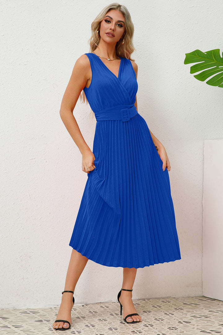 Surplice Sleeveless Midi Pleated Dress Trendsi