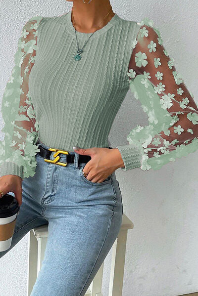 Double Take Textured Applique Long Sleeve Blouse Trendsi