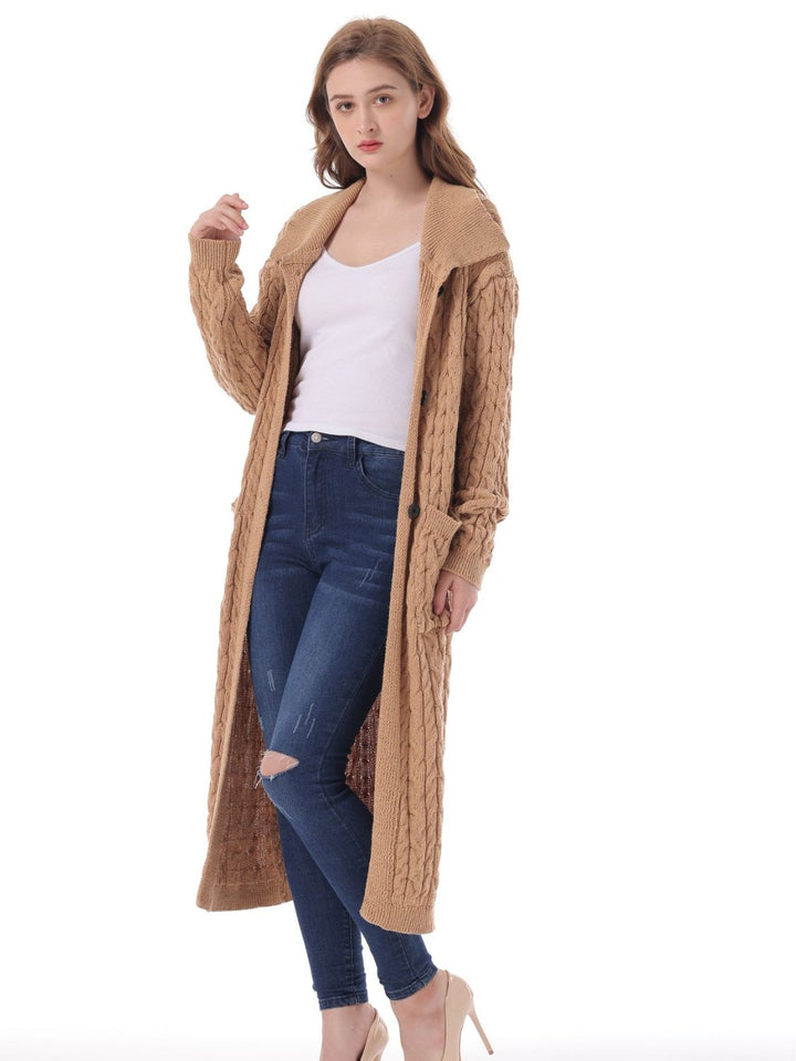 Cable-Knit Collared Neck Cardigan with Pockets Trendsi