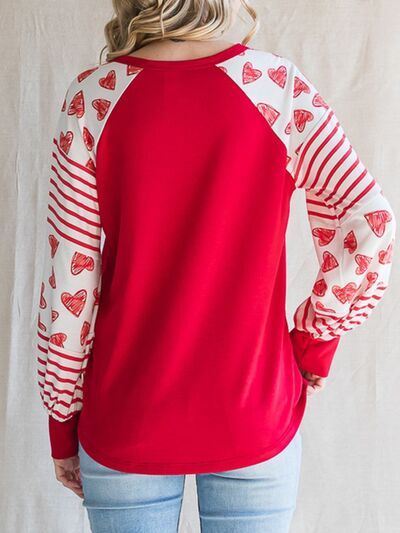 Heart Striped Quarter Button Long Sleeve T-Shirt Trendsi