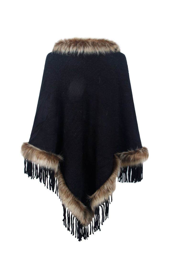 Faux Fur Trim Fringed Poncho - Super Amazing Store