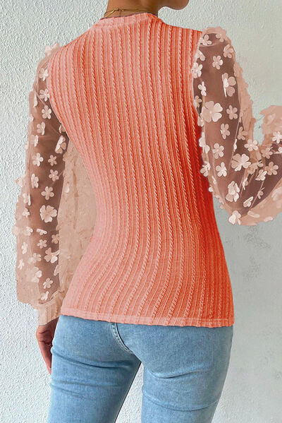 Double Take Textured Applique Long Sleeve Blouse Trendsi