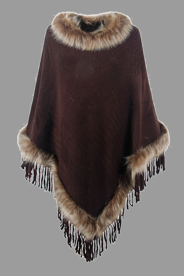 Faux Fur Trim Fringed Poncho - Super Amazing Store