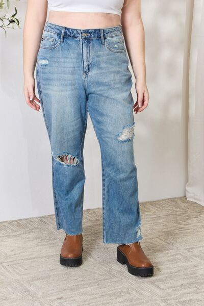 Judy Blue Full Size Distressed Raw Hem Straight Jeans Trendsi